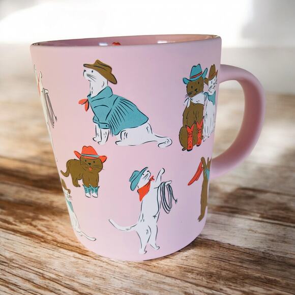 NEW Western Cowboy Country White & Brown Cat Cats Matte Pink 18 oz Coffee Mug - Picture 2 of 3